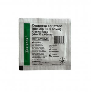 Серветка спиртова “MEDICARE” (1 шт, розмір 30 х 65мм)